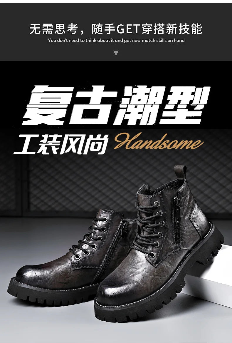2025 autumn and winter boots men's British style versatile high top leather shoes workwear snow leather boots men's short boots