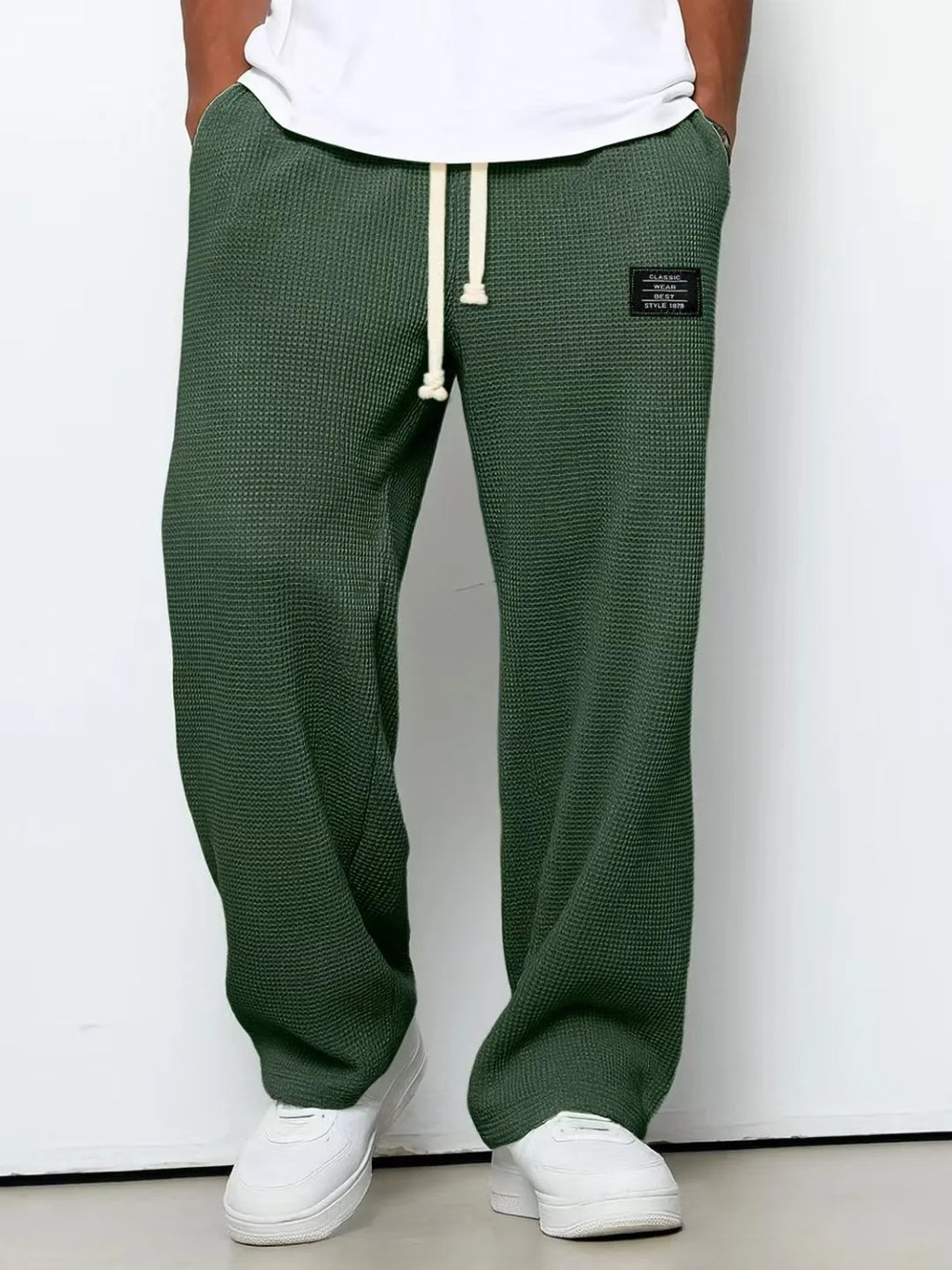 Men's Spring-Autumn Trendy Brand Loose-Fitting Stretchy Straight-Leg Sweatpants. Waffle Fabric. Micro-Bouncy Sporty Casual Pants
