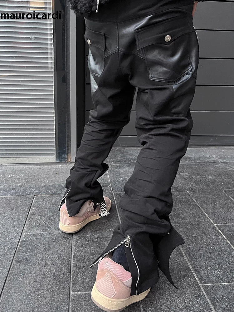 Mauroicardi Spring Autumn Long Black Patchwork Pu Leather Pants Men with Many Zippers Luxury Designer Clothing Trousers Fashions