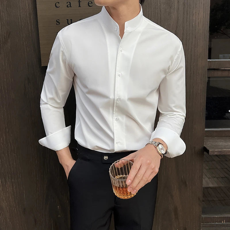 Business Dress white Shirt for Men 2026 British style Long Sleeved Solid Color Casual Elastic Slim Fit Shirt for Men's Clothing
