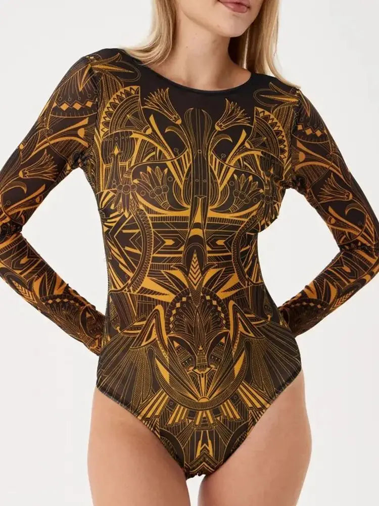 NEW Print Patchwork Sports Swimsuit for Women,Long Sleeve Zipper Conservative Bikini Monokini,beach Vacation Suit 2025