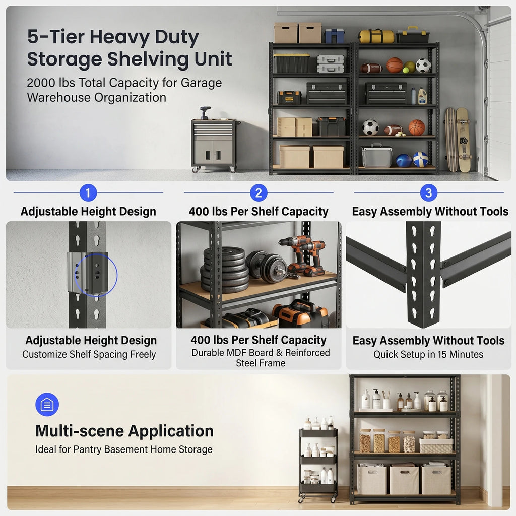 Heavy-Duty Industrial Metal Storage Shelves 72"H, Adjustable Height Shelving Unit Suitable for Garage, Warehouse, Kitchen, Basement - Easy No-Bolt Assembly, Kitchen Closet Tool Storage And Organization, Utility Shelves, Local