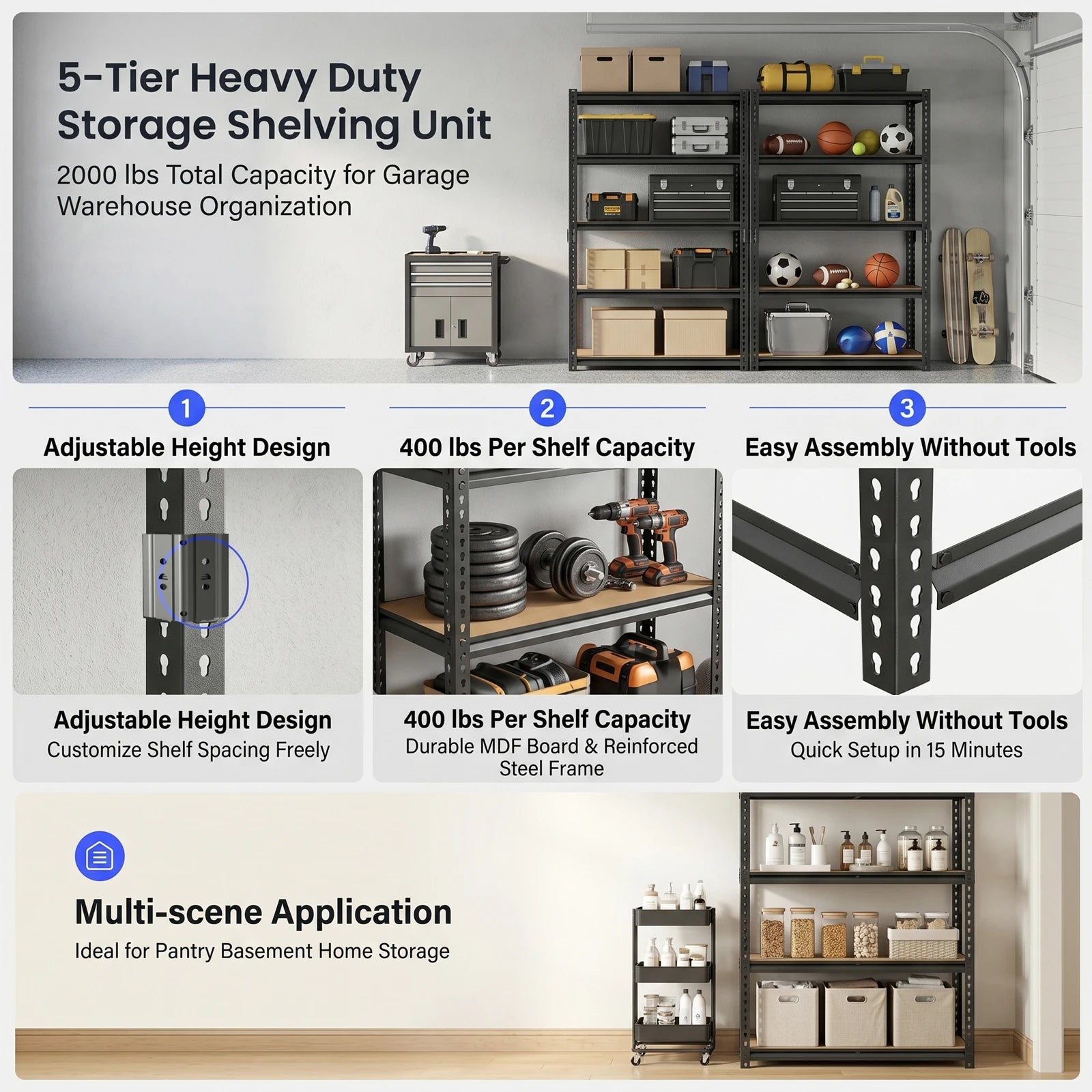 Heavy-Duty Industrial Metal Storage Shelves 72"H, Adjustable Height Shelving Unit Suitable for Garage, Warehouse, Kitchen, Basement - Easy No-Bolt Assembly, Kitchen Closet Tool Storage And Organization, Utility Shelves, Local
