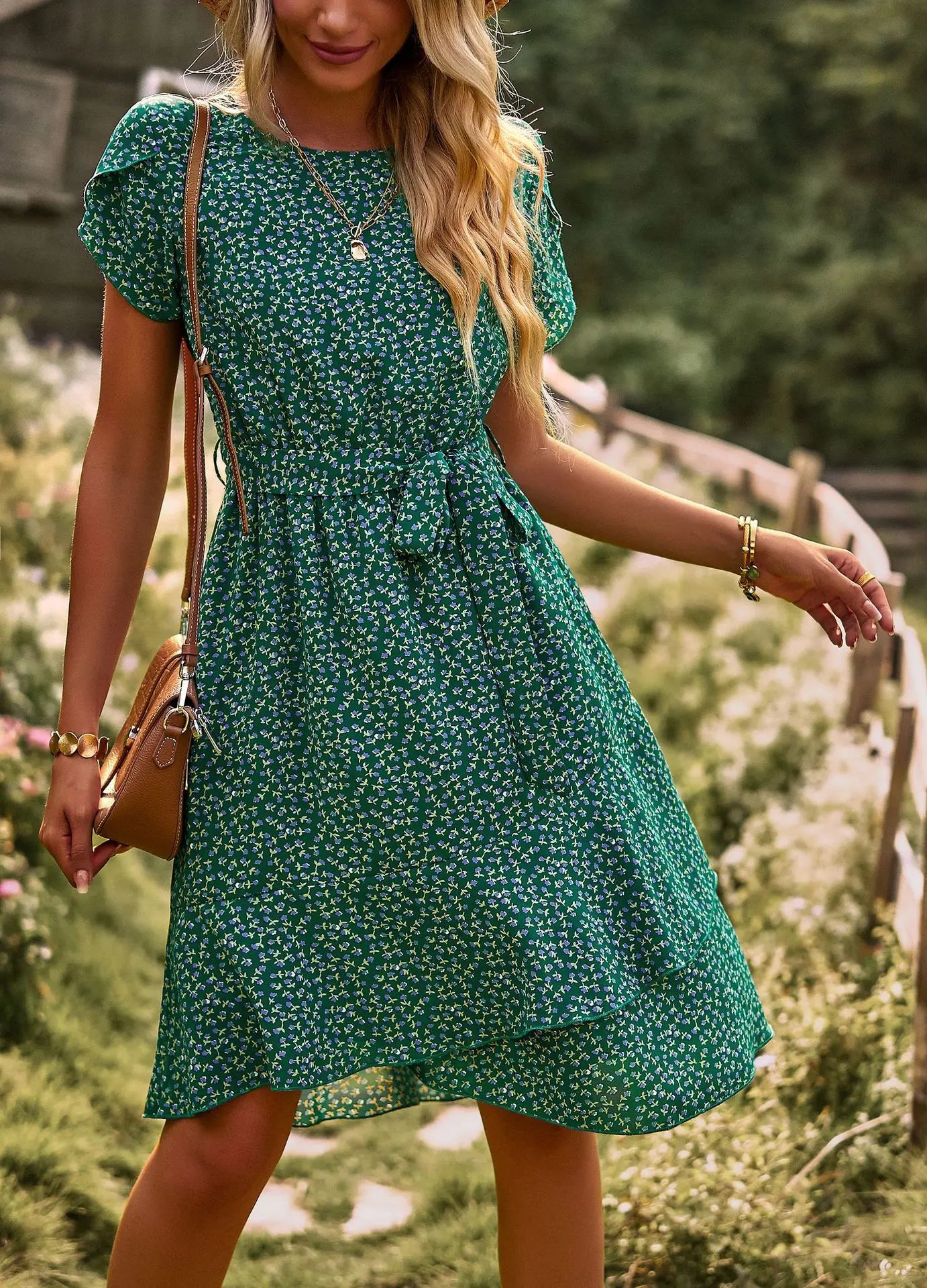 Msfilia Fashion O Neck Casual Printd Dress Women Summer Strap High Waist Pleated Dresses For Female