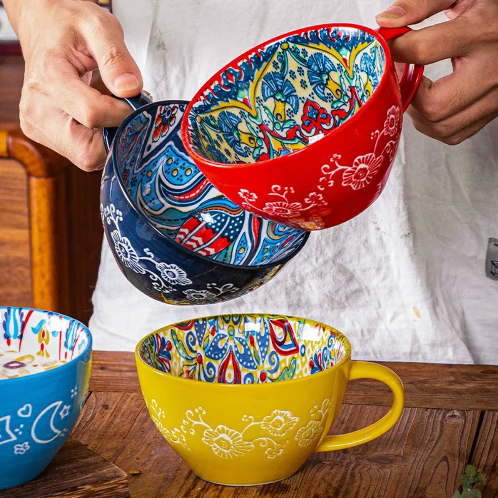 Creative Ceramic Bohemian Breakfast Cup Retro Flower Pattern Coffee Mug Microwaveable Large Capacity Milk Cup Friend Gift