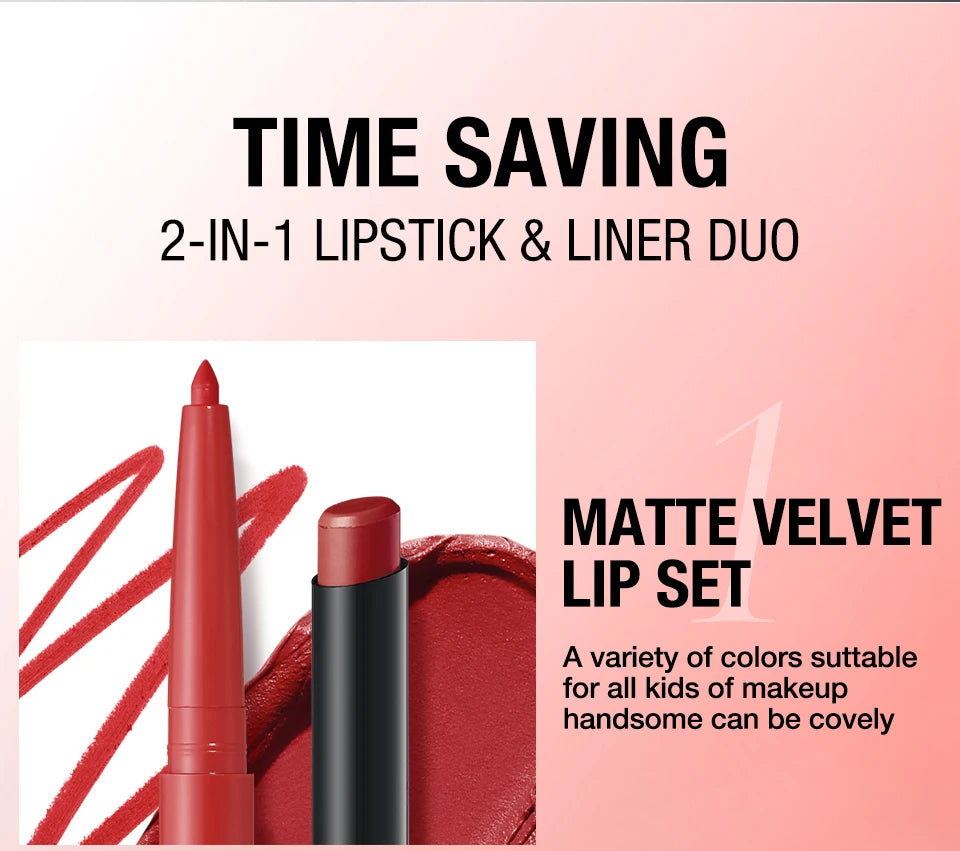 Integrated waterproof lipliner+lipstick lipstick lipstick set,no smudge,no fade,no cup,durable,easy to create a perfect makeup!
