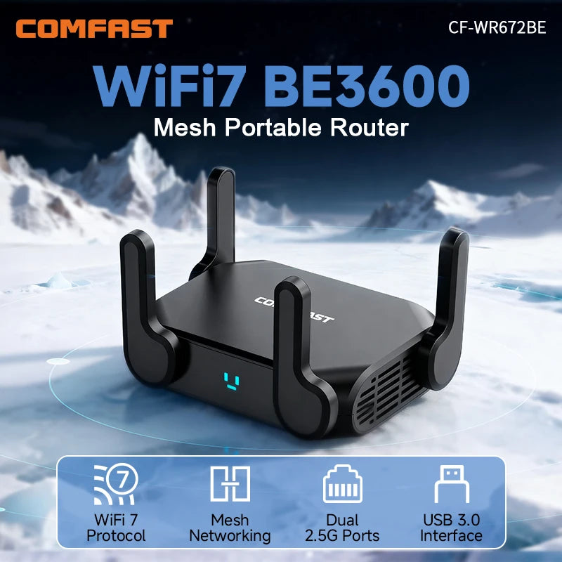 COMFAST BE3600 WiFi7 Portable Mesh Router Dual 2.5G Port 3570Mbps Dual Band USB3.0 Type-C Power Gaming Wireless WiFi Router