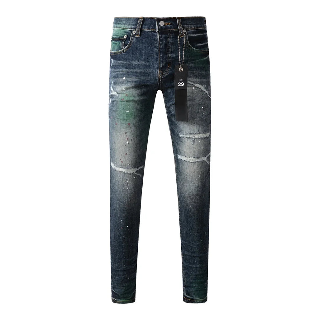 High Street American Distressed Men's Jeans Fashion Brand Coated Blank Stretch Skinny Button Fly Ripped Pants Trousers