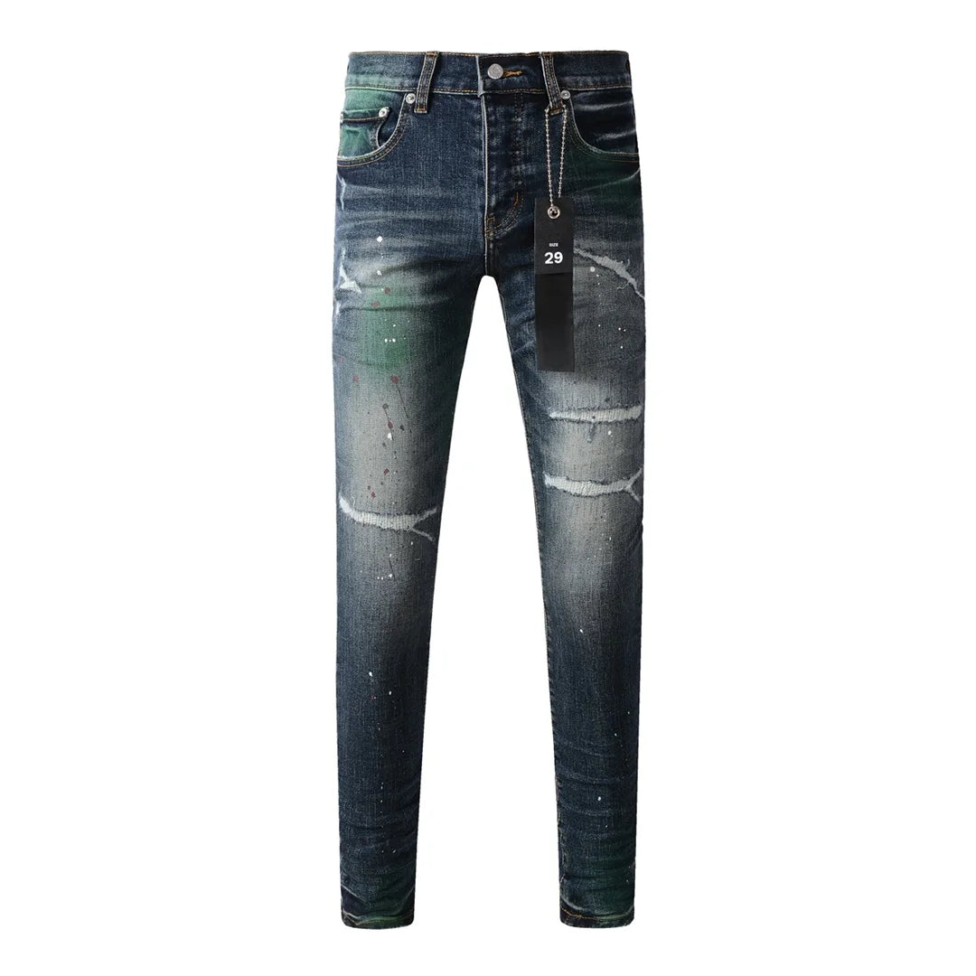 High Street American Distressed Men's Jeans Fashion Brand Coated Blank Stretch Skinny Button Fly Ripped Pants Trousers