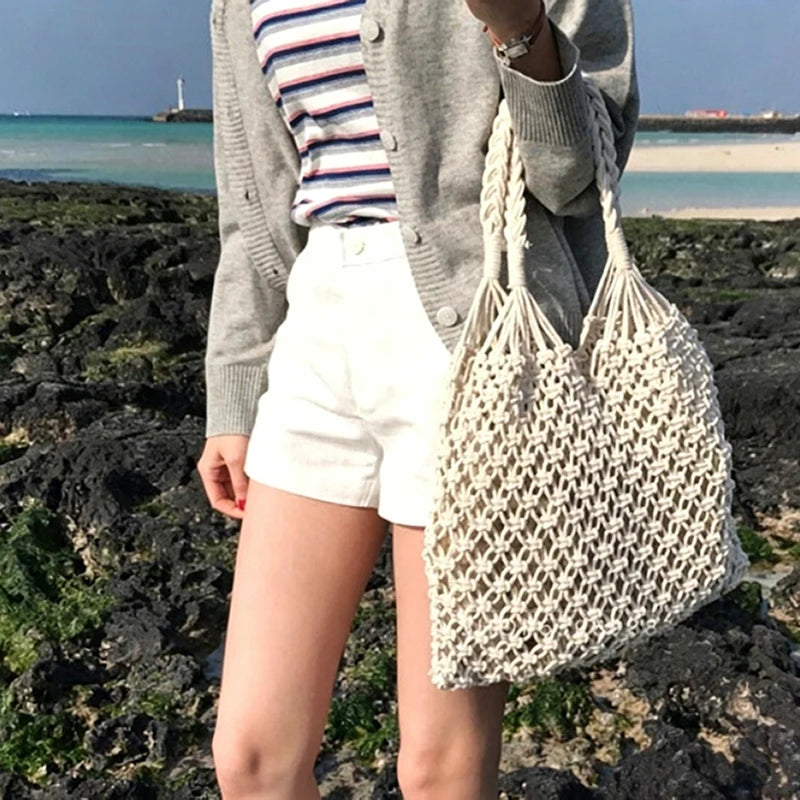 Hollow Crochet Mesh Woven Shoulder Bag With Inner Pocket,Women Solid Color Handbag,Summer Work Beach Vacation Commuting Tote Bag