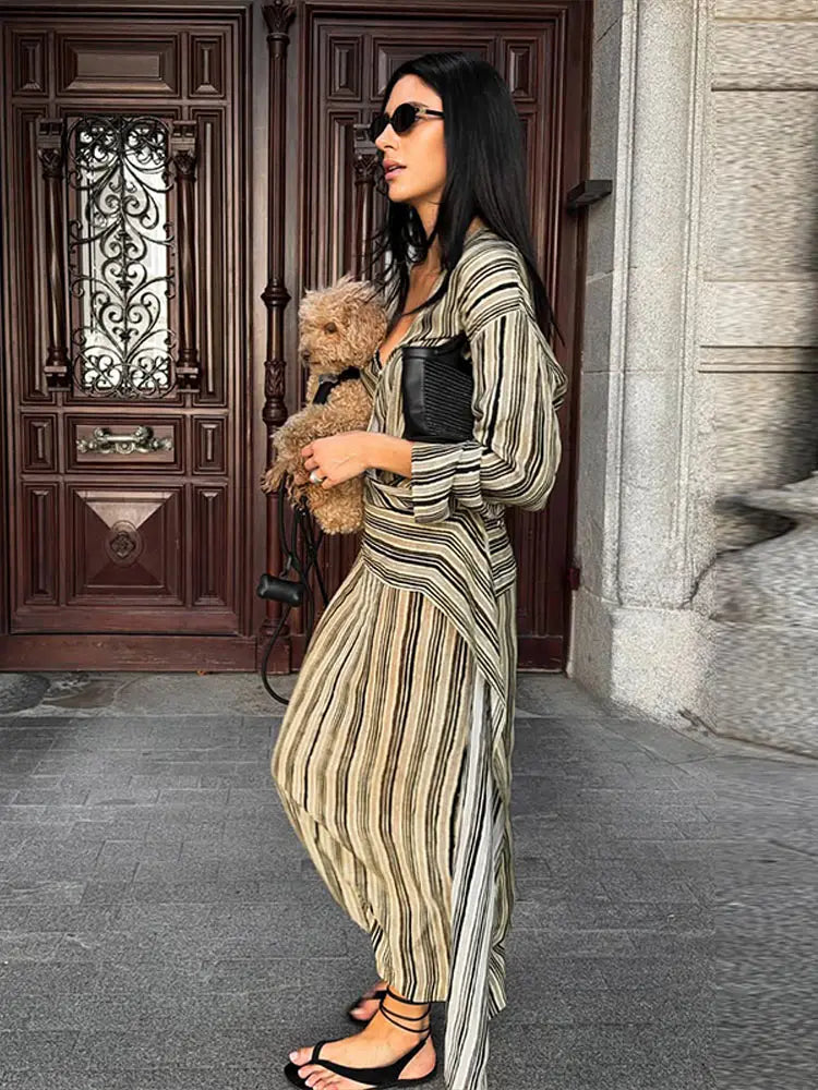 Women Striped Wrap Dress V-neck Loose Pleated Long Sleeved Asymmetrical Drape Dresses 2026 Summer New Casual Commute Lady Robes