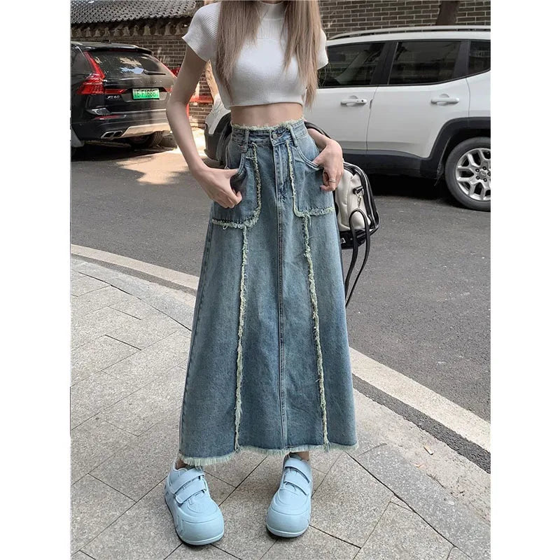 Women's Tassel Denim Long Skirts, Vintage Pocket, A-line Jeans Skirt, High Waist, Women's Fashion, Spring, S-5XL