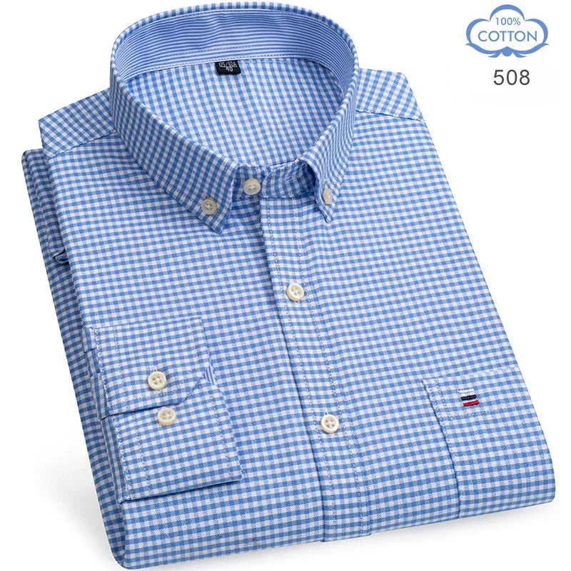 2025 Men's Social Shirt Pure Cotton Oxford Luxury Brand Thin Soft Buttoned Plaid Formal Work Western Clothing