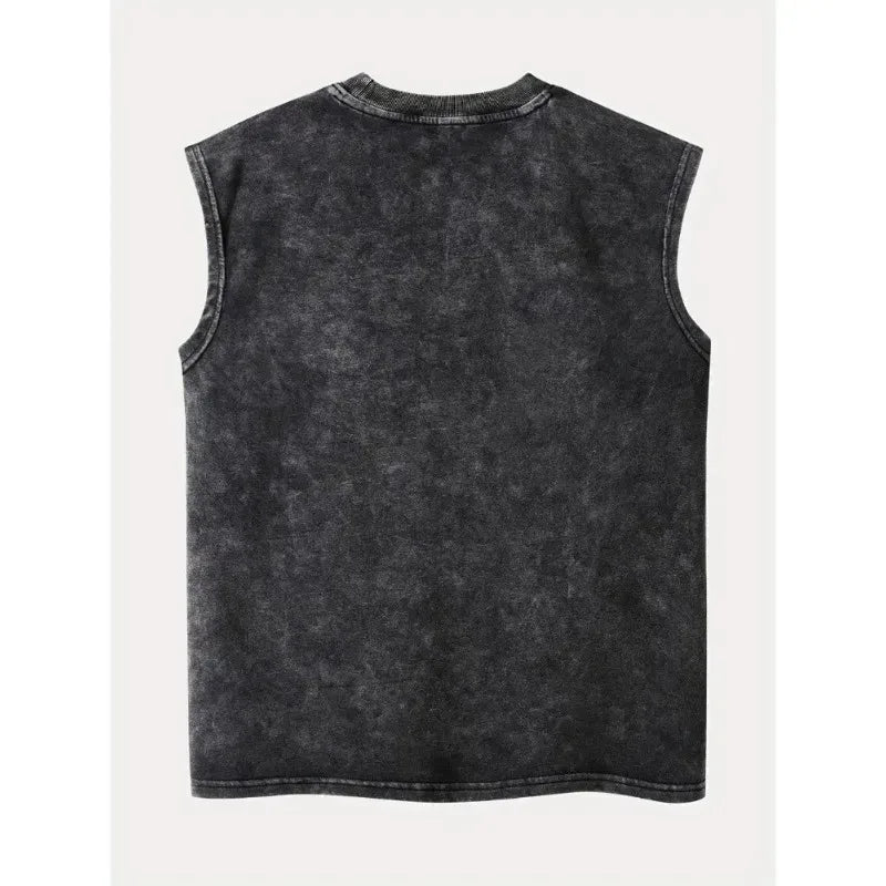 Flame red lip print men's plus size heavyweight retro washed sleeveless vest - loose street style printed top