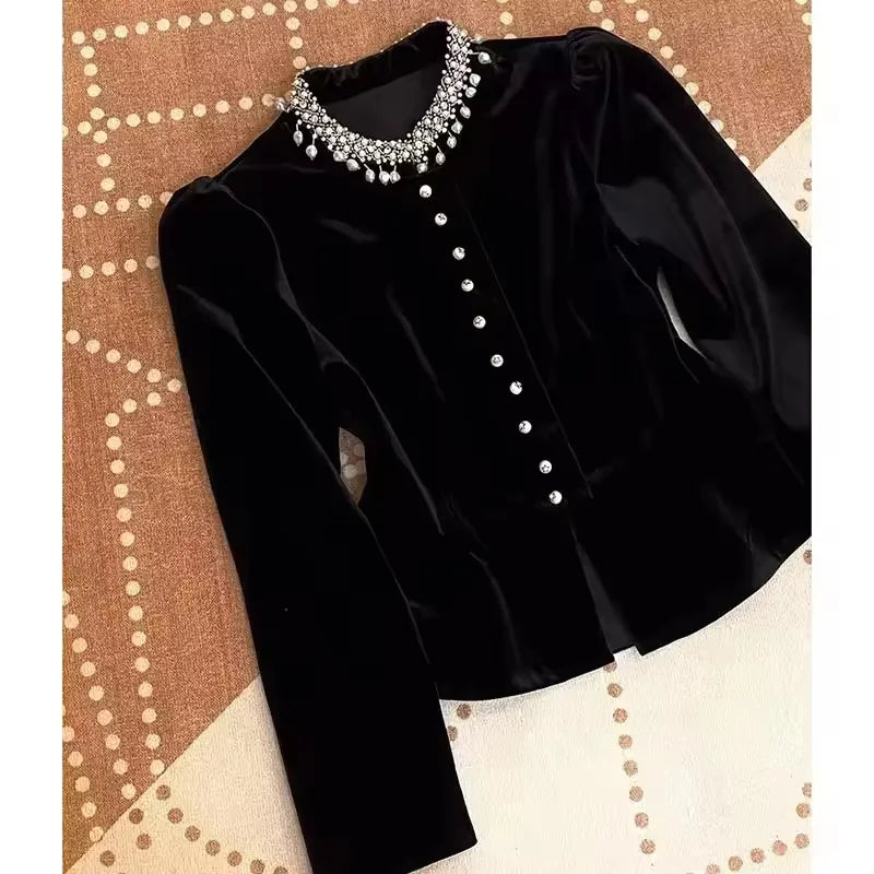 Women's Golden Velvet Blouse 2025 Autumn Winter Solid Color Heavy Industry Ladies Tops Fashion Long Sleeve Lady Slim Shirt