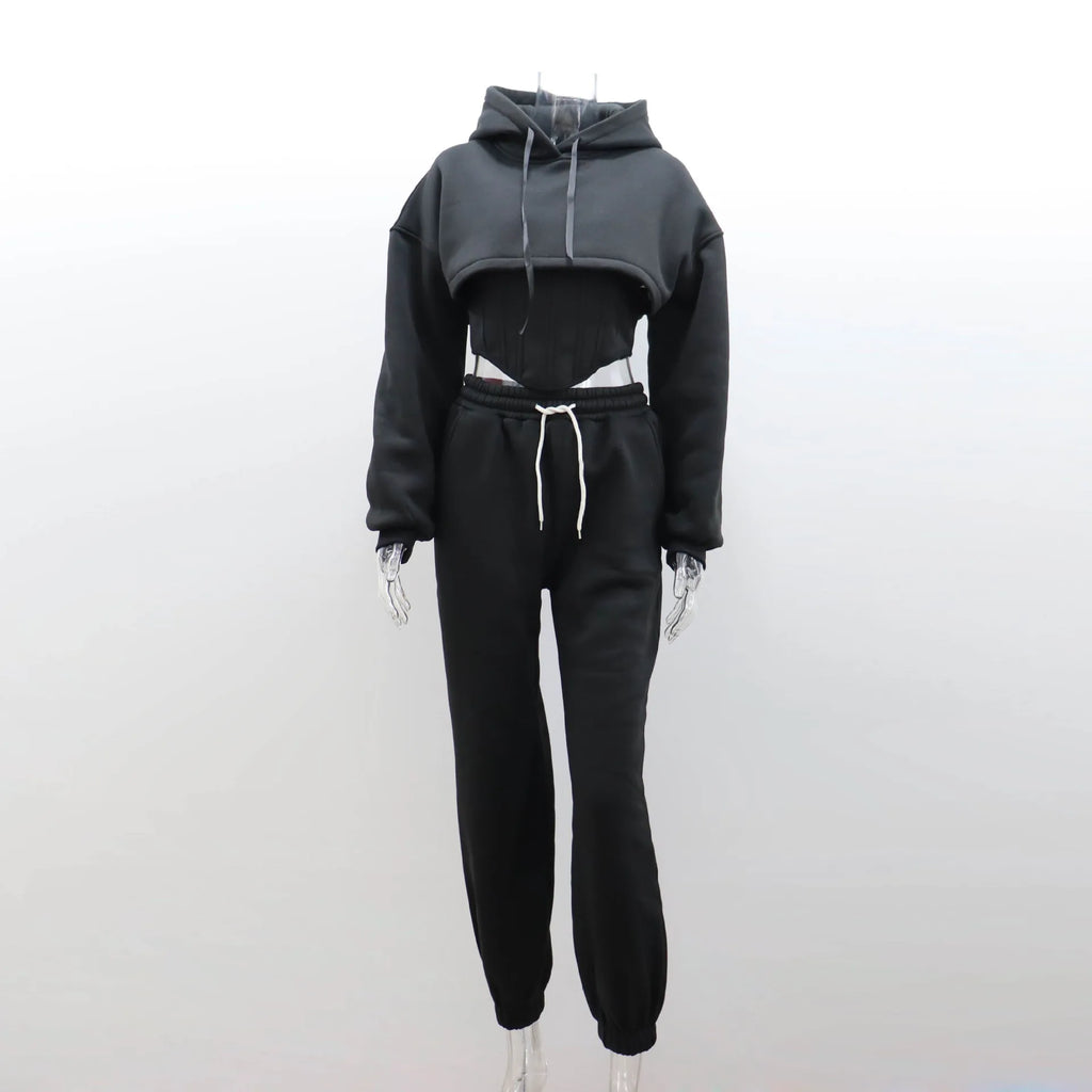 Women's Casual Sweatpants Set Belted Hooded Short Hoodie Corset Three-Piece Autumn Winter Comfortable Polyester Plus Size