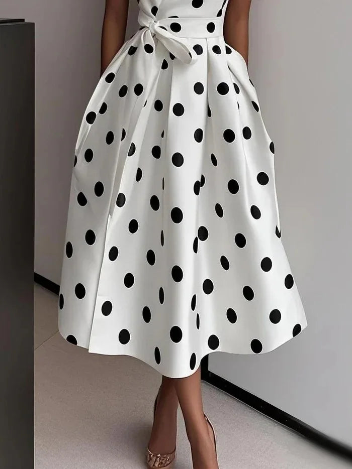 Summer Dresses for Women Sleeveless Retro Hepburn Polka Dot V-Neck Black White Pin Up Party Rope Big Swing Vestidos