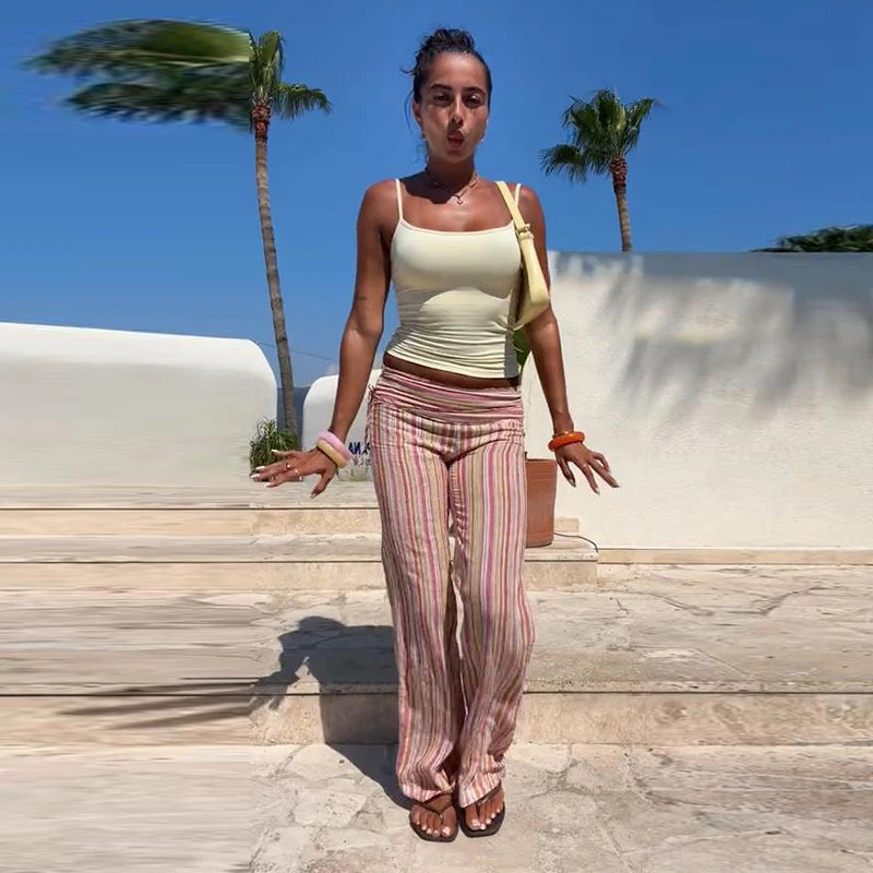 Color Vertical Stripe Women's Wide Leg Pants Folded Wide Waistband Side Thin Drawstring Tie Relaxed Drape Length Casual Pants