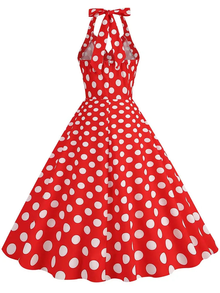 Sexy Retro Polka Dot Halter Dress Women Audrey Hepburn 50s 60s Vintage Gothic Pin Up Rockabilly Clothing