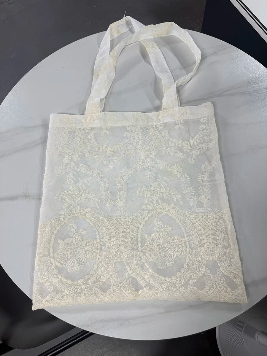 French Retro Chinese Style Lace Embroidery Organza Handbag Portable Shopping Daily Storage Bag For Women Daily Casual Use
