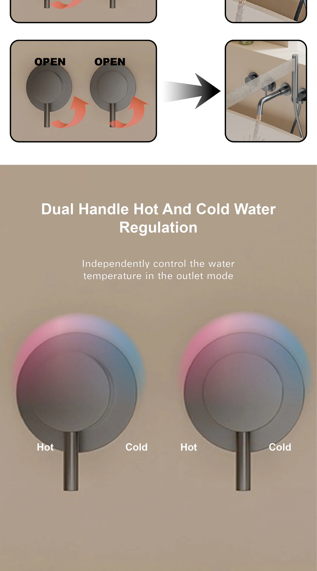 Bathroom Minimalist Gun Gray Brass Wall Mounted Bathtub Faucet with Dual Handles for Hot & Cold Water Dual Function Shower Mixer