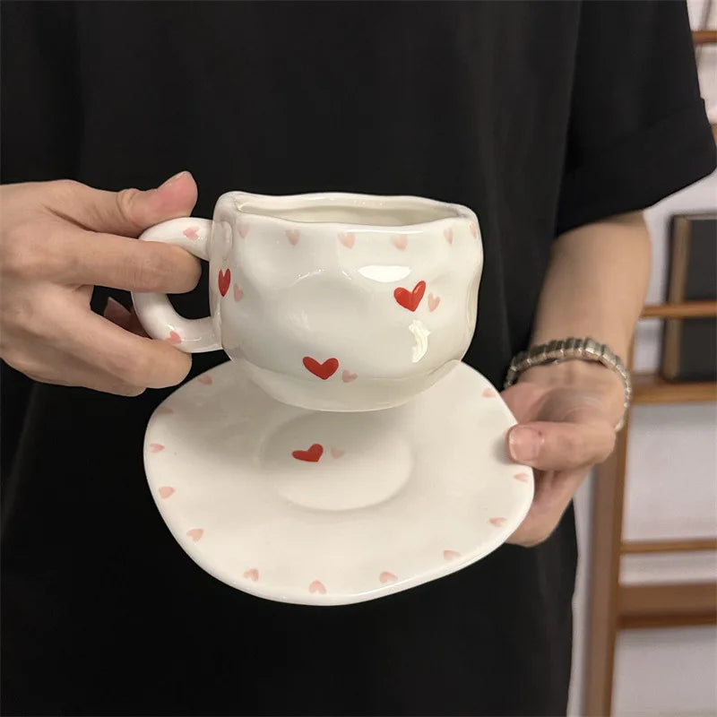 ins style retro flower ceramic cups and saucers, hand-squeezed irregular coffee cups and saucers, afternoon tea cups and saucers