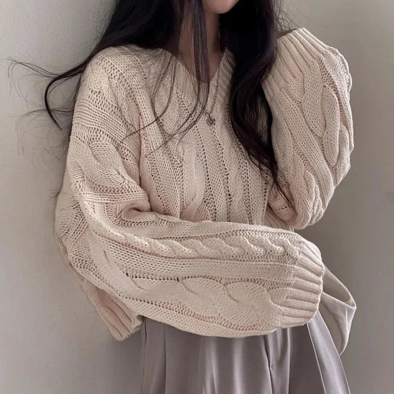 Vintage Twist Cropped Sweater Pullover Women Autumn Winter Loose V-Neck Knitted Jumper Lazy Style Classic Long Sleeve Knitwear
