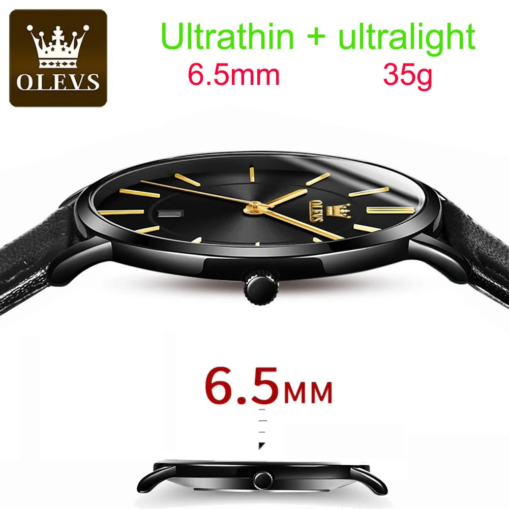 OLEVS 5869 Ultra Thin 6.5mm Quartz Watch for Men Fashion Leather Strap Simple Luxury Auto Date Clock Men's Wristwatch Waterproof