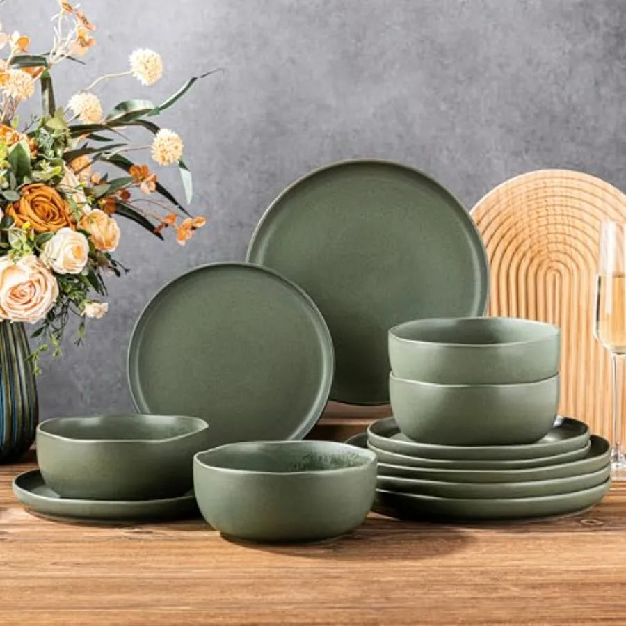 Ceramic Dinnerware Sets, Wavy Rim Stoneware Plates and Bowls Sets, Dishwasher and Microwave and Oven Safe Dishes set, 2pc