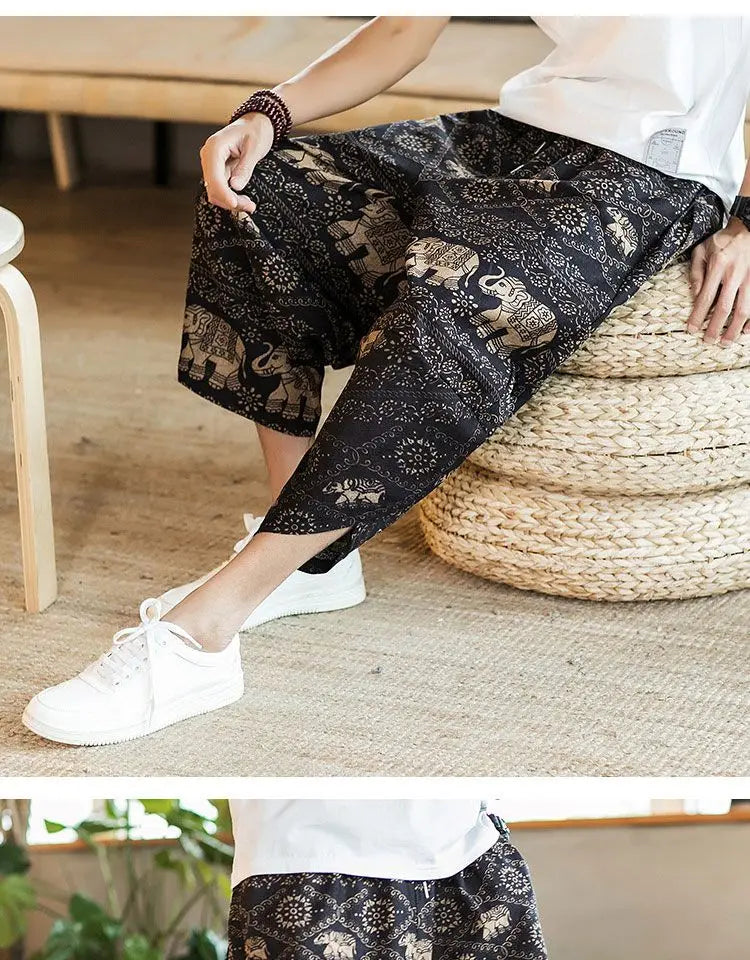 Men's Casual Cotton Linen Seven-Foot Pants Summer plus Size Lantern Loose Fit Shorts Harlan Style Comfortable Breathable Leis...