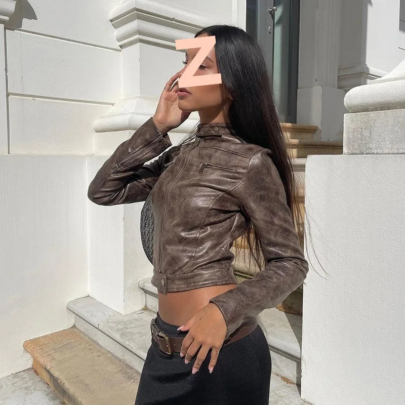 American Y2K Retro Distressed Brown Short Jacket 2026 Spring New Hot Girl Versatile Stand Collar PU Leather Jacket