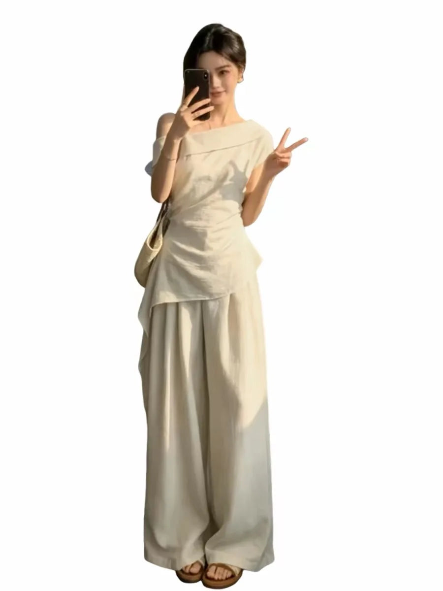 Summer Fashion Set Women's Side Shoulder Short Sleeve T-Shirt And Wide Leg Pants Two-Piece Suit Elegant And Stylish OOTD