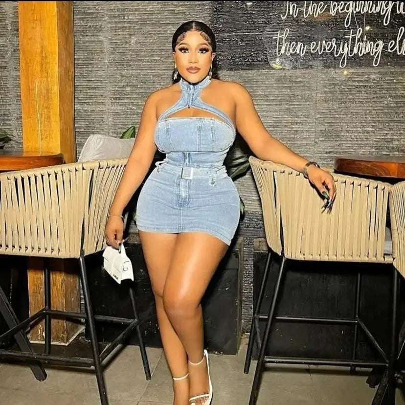 Streetwear Jeans Mini Skirt Outfit Sexy Women Elegant Two Pieces Denim Club Matching Set Top+Mini Skirt