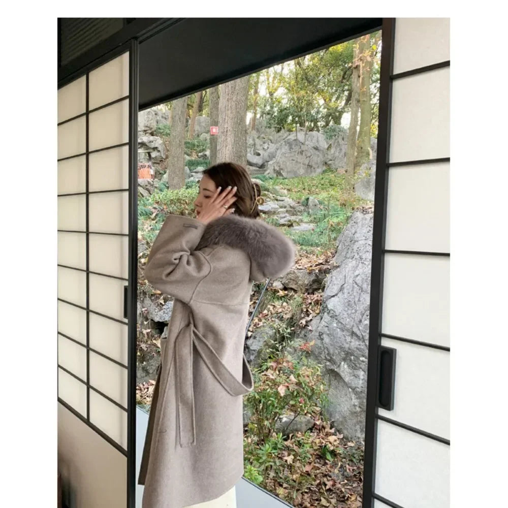 Real Fur Wool Outerwear Wool Blends Coat Natural Fox Fur Collar Hooded Cashmere Winter Jacket for Women Streetwear High Street