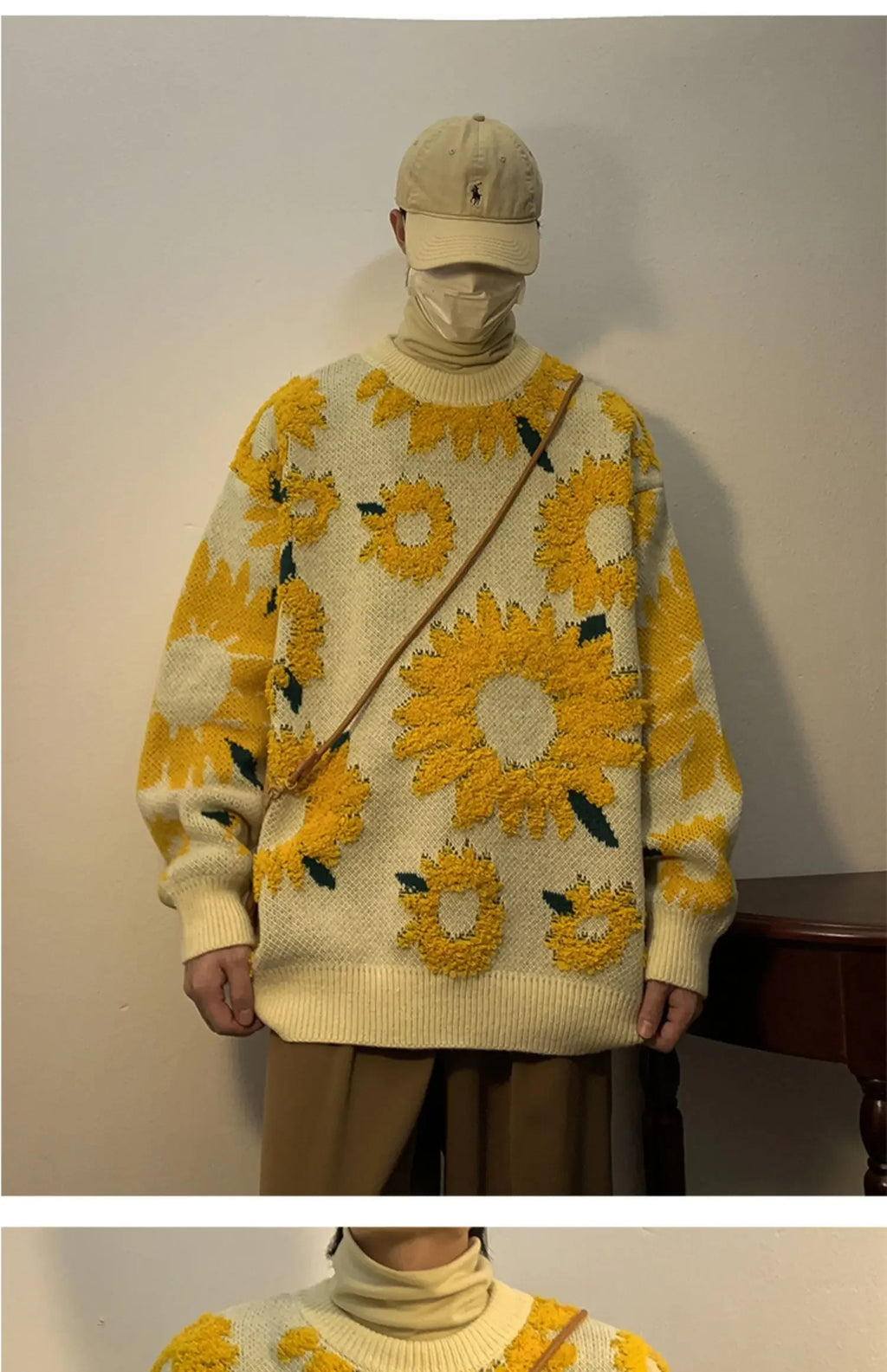 Flocking Floral Sweaters Men Baggy Spring Autumn Japanese Style Retro   High Street Harajuku Knitwear Slouchy Ins