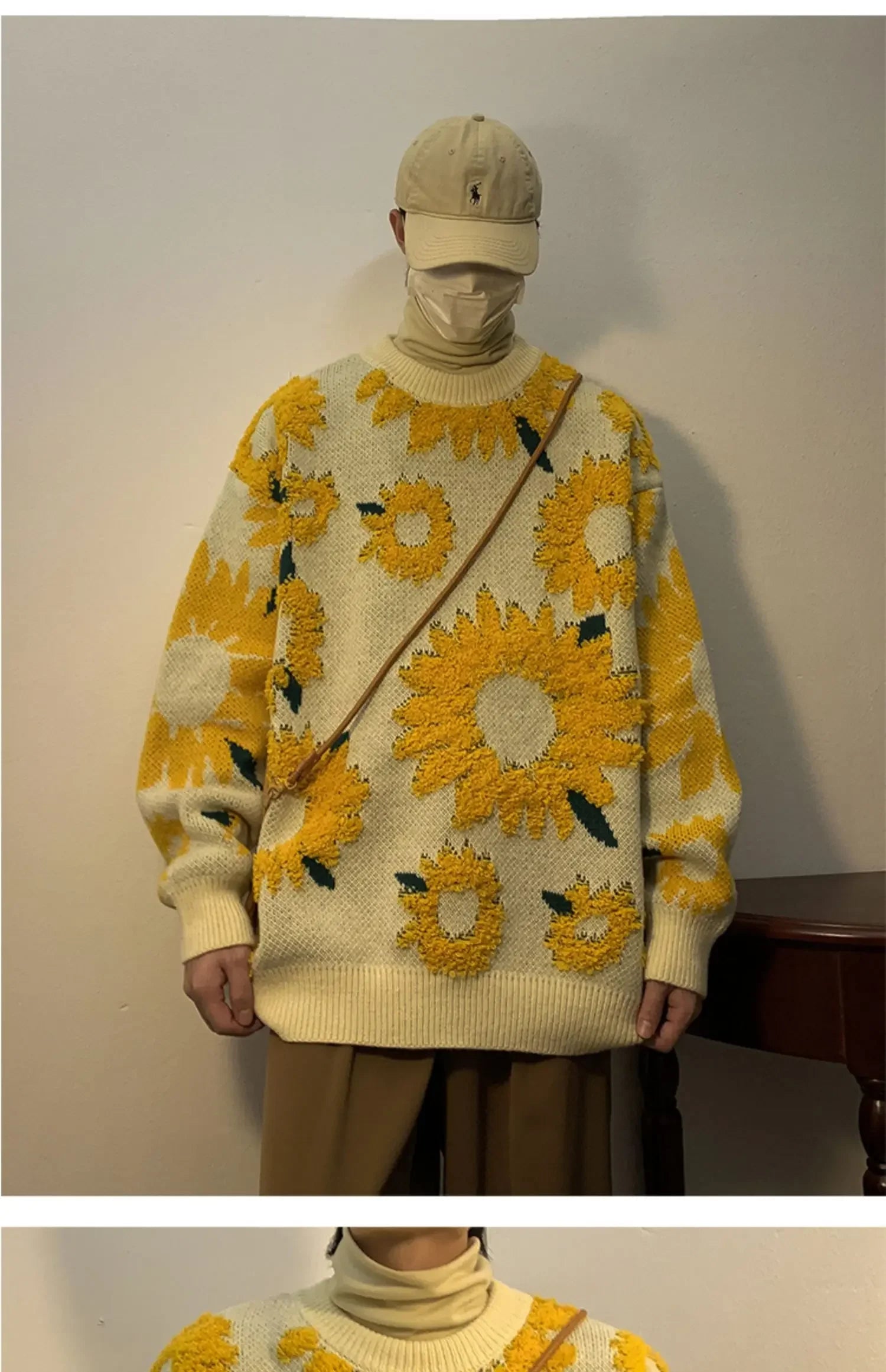 Flocking Floral Sweaters Men Baggy Spring Autumn Japanese Style Retro   High Street Harajuku Knitwear Slouchy Ins