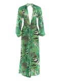 Animal Print Wrap Maxi Dress V Neck Sleeve Twist Waist High Slit Long Gowns Women's Resort Vacation Party Robes 2026 New Arrival