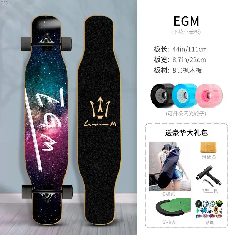 Longboard Beginner Boys and Girls Adult Professional Double Dancing Board 44in Teen Maple Quad