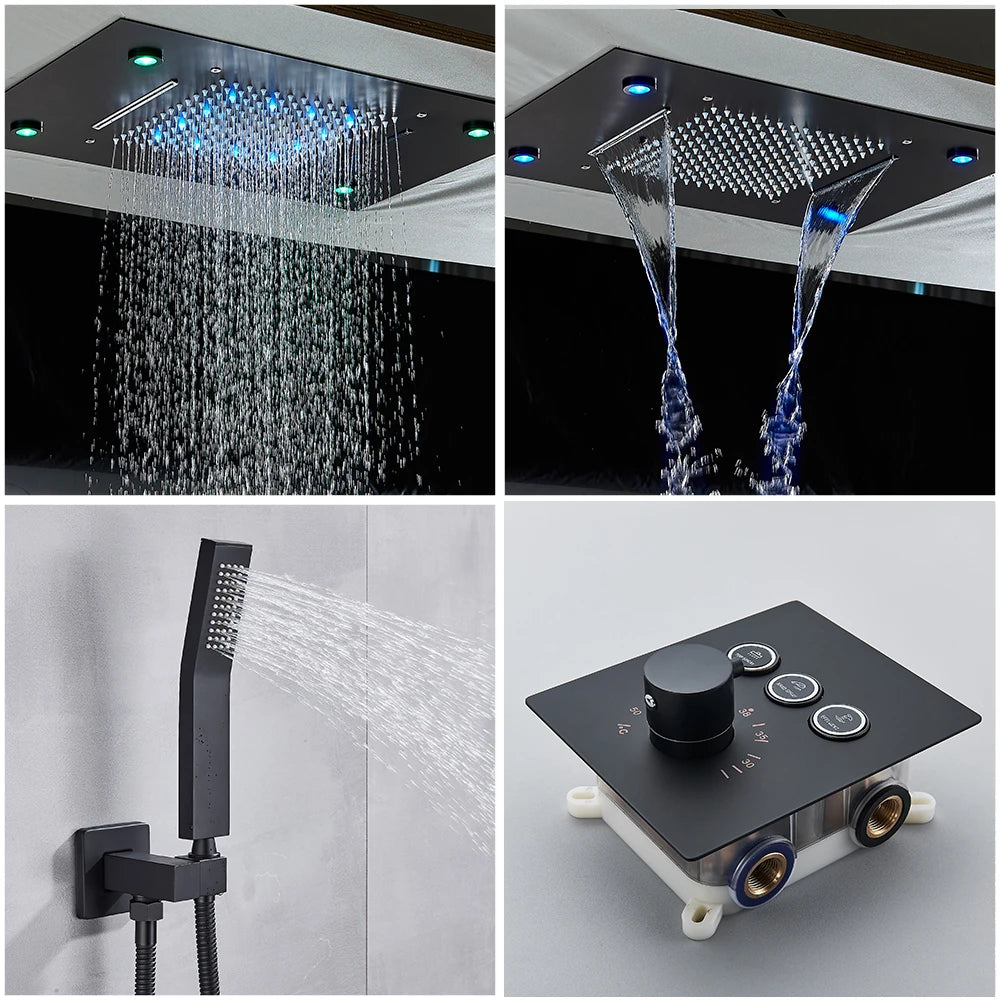 Digital Display Thermostatic Rain Shower System Set 14 X 20 Inch Waterfall Rainfall LED Ceiling Shower Head with HandShower