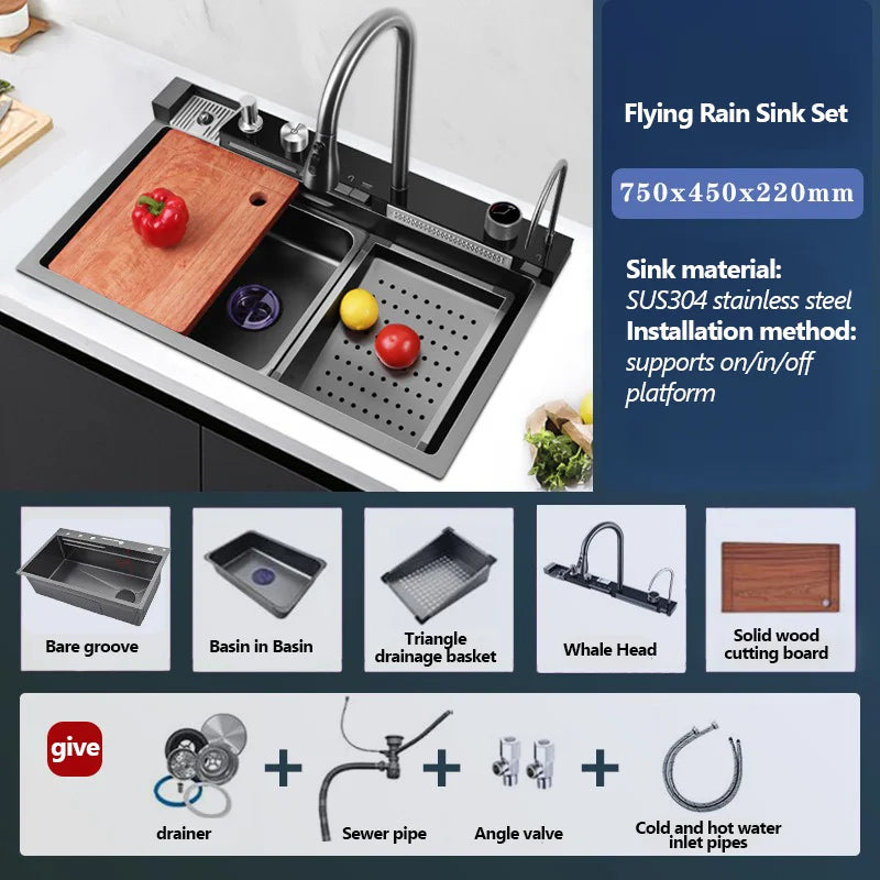 304 Sink Key Digital Display Waterfall Rain Sink Stainless Steel Large Single Trough Hand Basin Washing Dishes Under The Basin