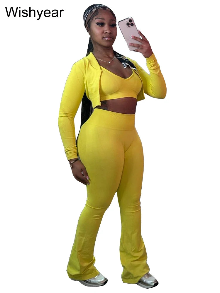 Fashion Solid 3 Pieces Sets Women Long Sleeve Crop Tops+Tanks+Flare Pants Active Fitness  Jogging Tracksuits Streetwear Outfits