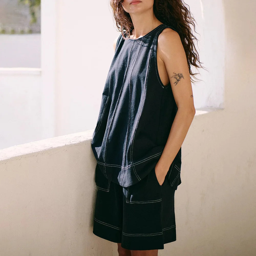 Women Vintage Denim Tops Pant Sets Two 2 Pieces Sets A-Line Tank Cami Sleeveless Shorts Pockets Retro Jeans High Street Outfits