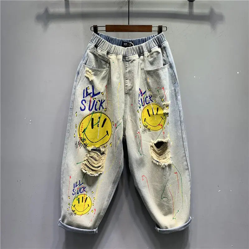 2025 Fashion Printed Ripped Distressed Streetwear Jeans Women's Summer New High-waisted Loose Straight-leg Versatile Harem Pants