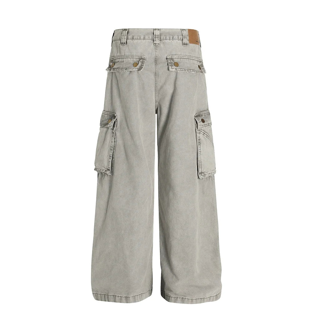 Multi-Pocket Cargo Jeans Mens Retro High Street Washed Distressed Straight Wide Leg Trousers Men
