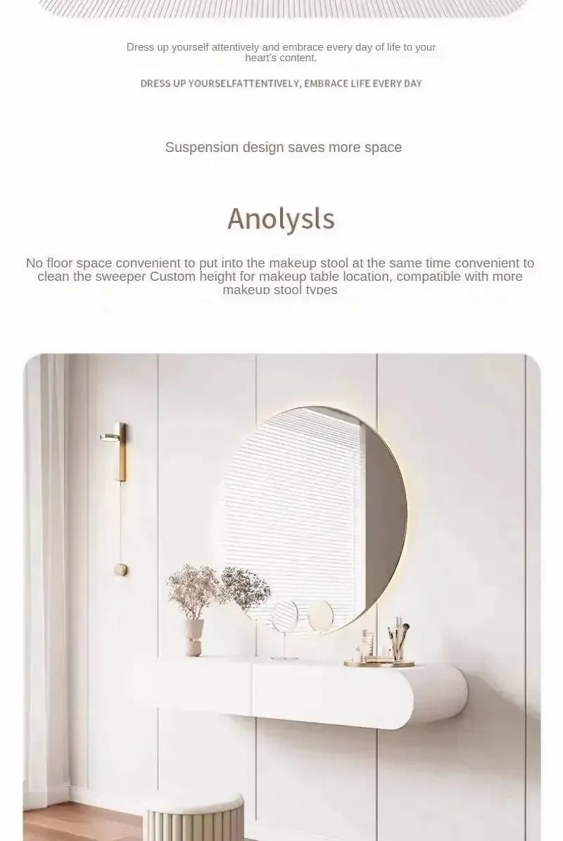 Cream Minimalist Wall Mounted Dressing Table with Mirror Suspended Vanity Desk for Bedroom Small Space Modern Makeup Table