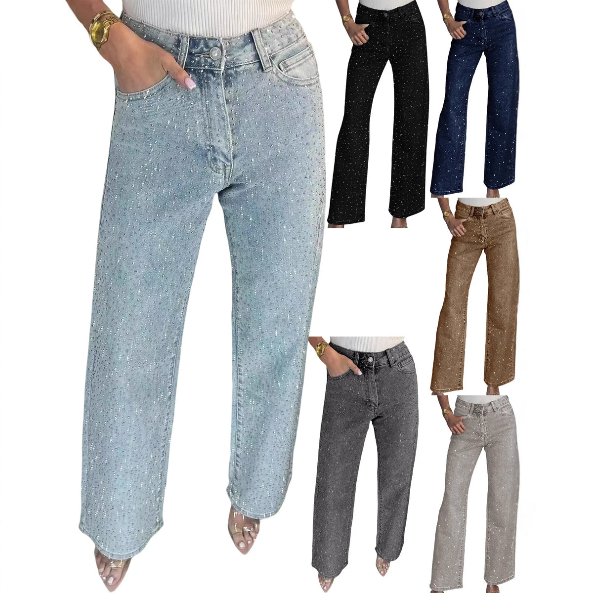 Women's Outfit Featuring Diamond-studded Washed Denim Pants Women's High-waisted Straight-leg Pants, and "hot Girl" Style Pants.