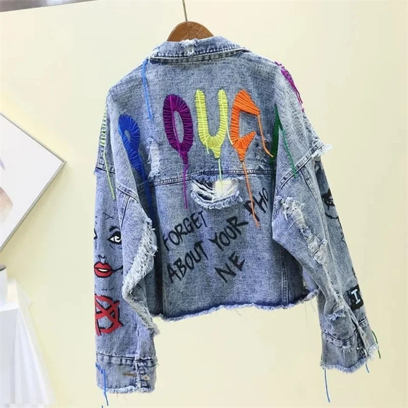 Rivet Beaded Line Tassel Letter Graffiti Print Women Denim Jacket Spring Autumn 2024 Casual Hole Denim Jacket Veste Femme