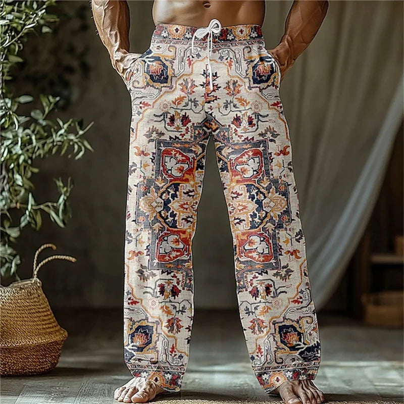 Summer Men's Beach Shorts Relaxed Fit Drawstring Casual Pants 3D Printed Geometric Pattern Breathable Wide-Leg Pants