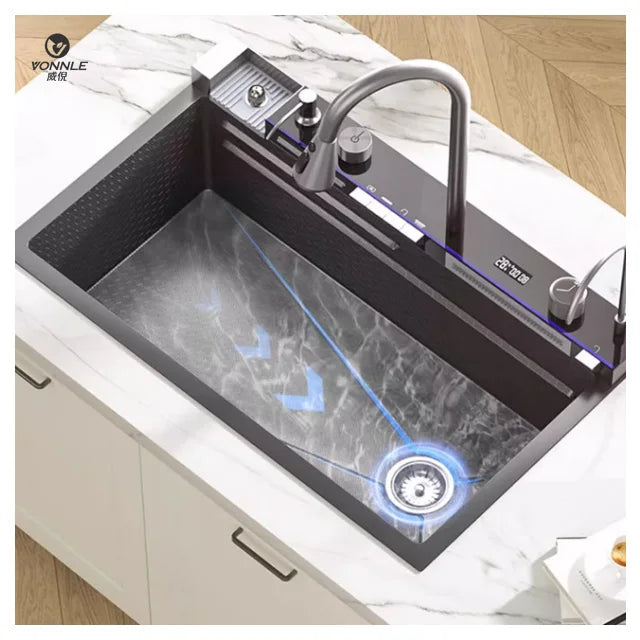 LED Factory 304 Stainless Steel Anti-Scratch Kitchen Sink Multifunction LED Digital Display Pull-Out Faucet Single Bowl Design