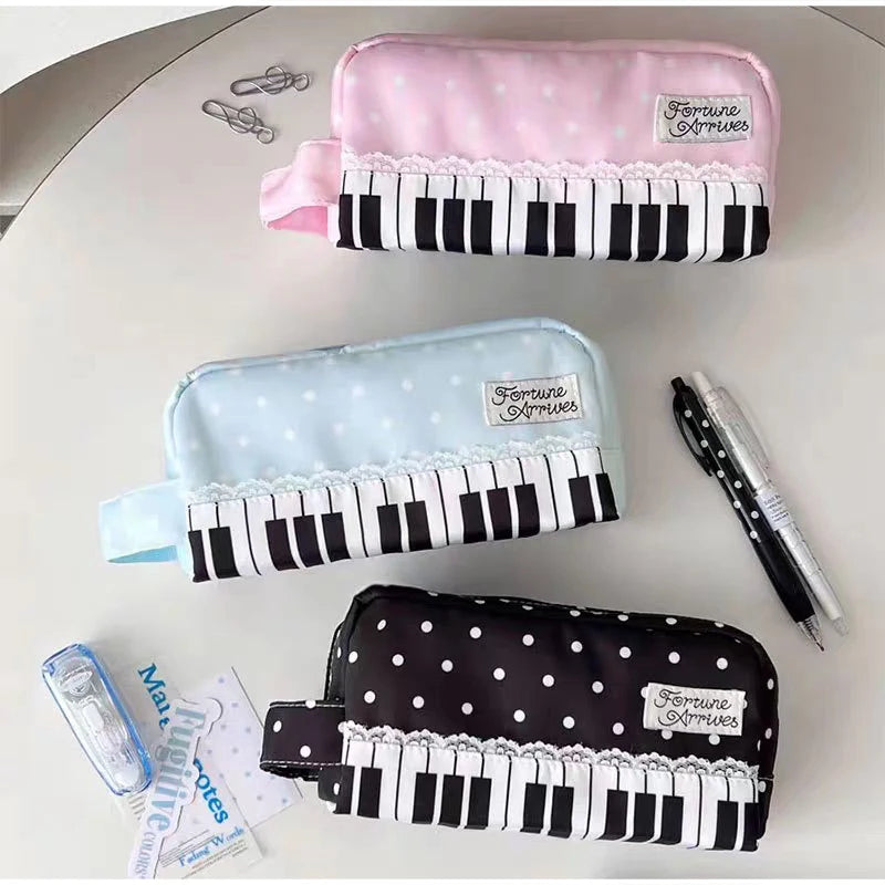 Polka Dot Piano Keyboard Backpack Back-to-school Girl Music Theme Embroidered Nylon Backpack Large Capacity Lightweight Backpack